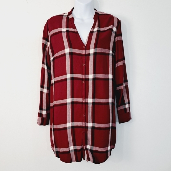 Cupcakes and Cashmere Burgundy Plaid‎ Long Line Top Size Small - Picture 7 of 7